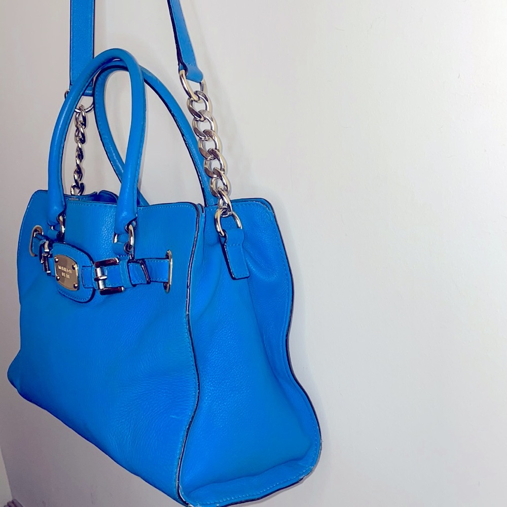 Michael Kors Hamilton Large East West Teal Gold Hardware Leather Purse Tote - Picture 5 of 13